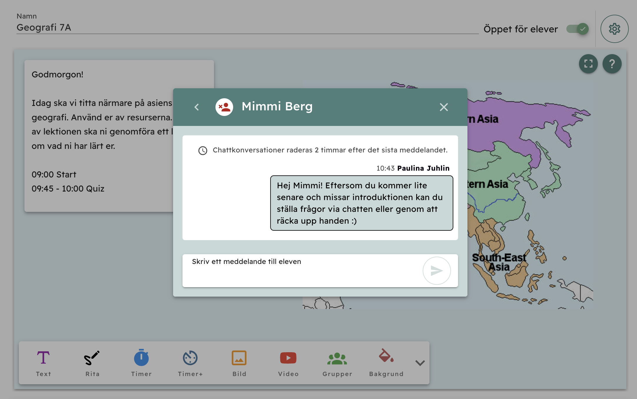 Chatt mellan lärare och elev där läraren skrivit till eleven. 